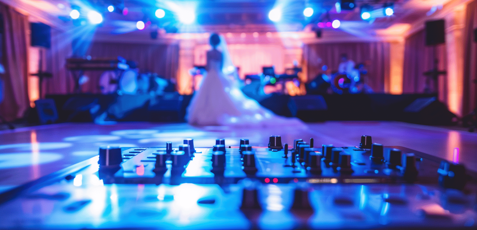 Mariée sur un dance floor vide avant les festivités.