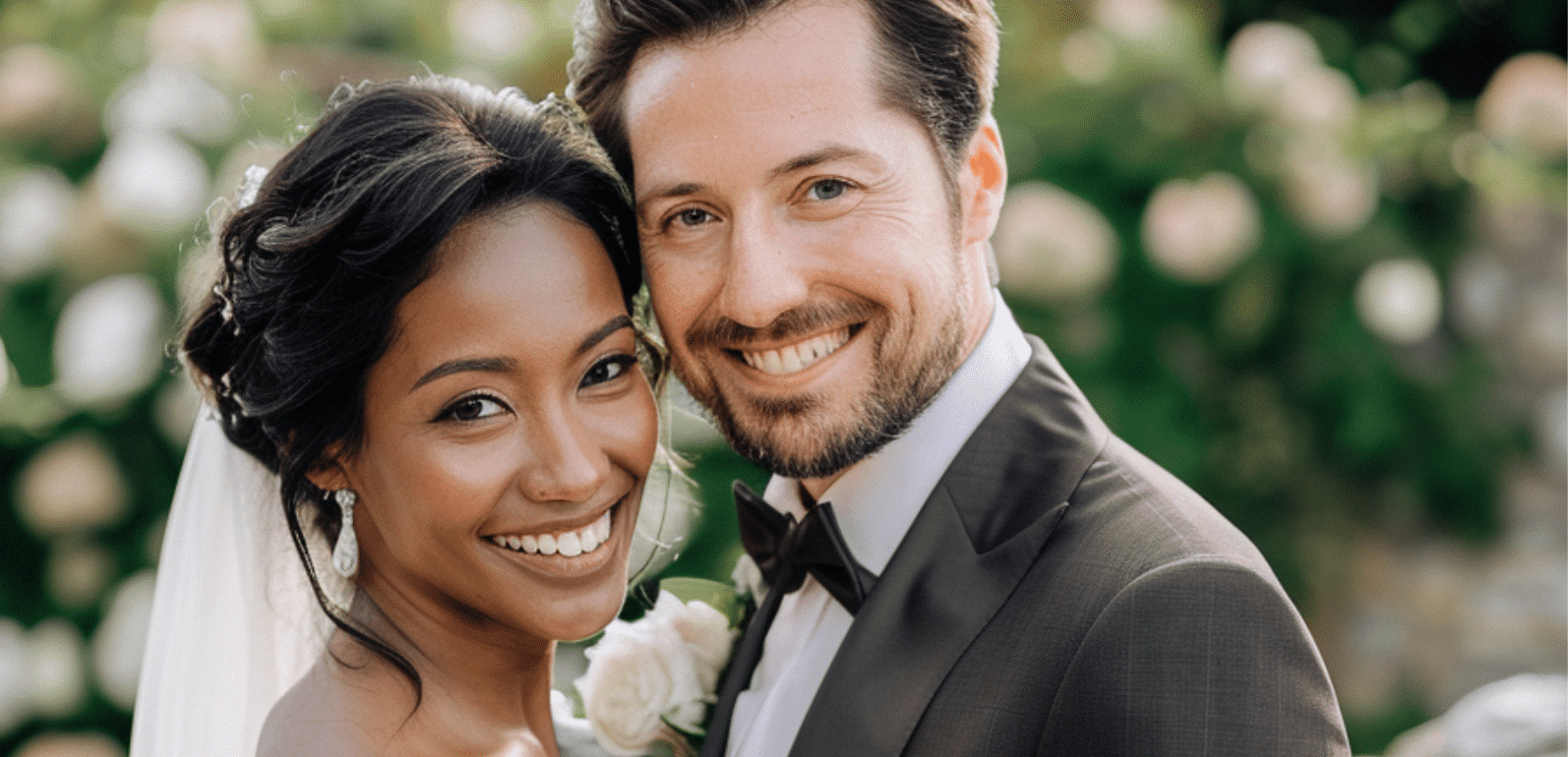 Pascal et Boranne posent en souriant durant leur mariage avec un jardin de fleur en arrière plan.